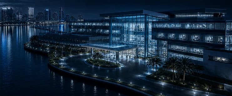 The illuminated hospital arrival drive beside the water