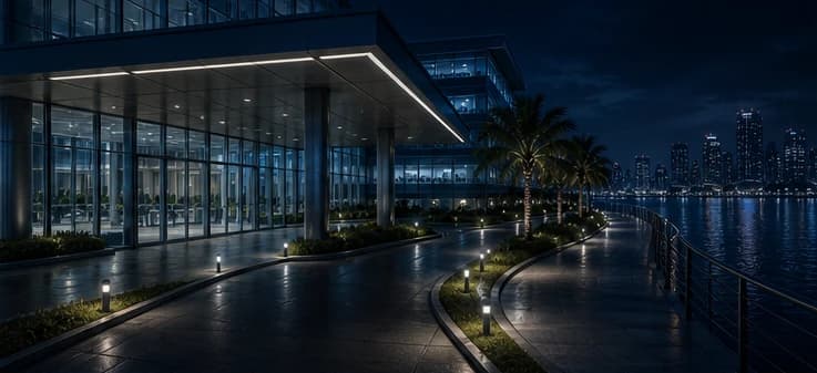 A sheltered glass entrance and waterfront walkway at Zyndio Hospital after dark