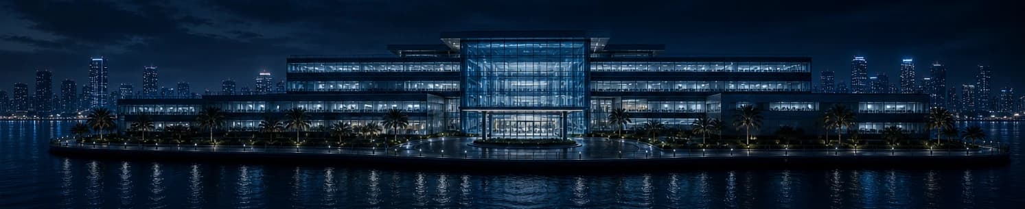 Zyndio Hospital’s glass waterfront campus glowing against the night skyline