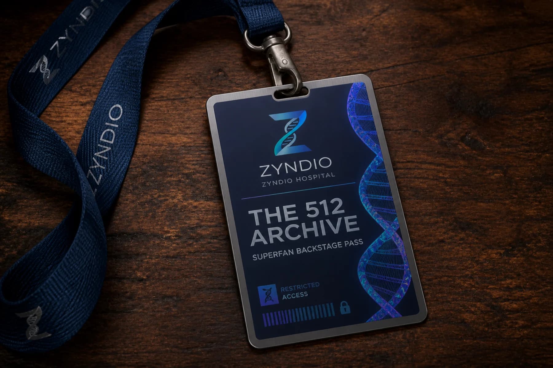 The 512 Archive Zyndio Hospital backstage pass on a dark wood desk