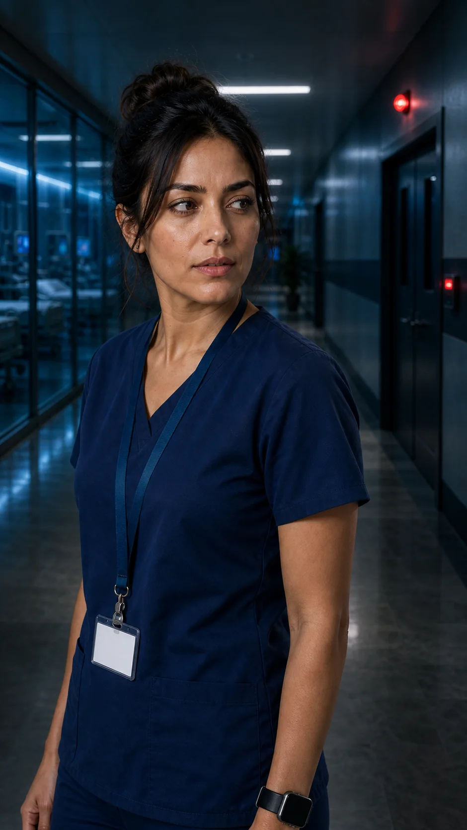 Lena Cruz in the blue-lit hospital corridor