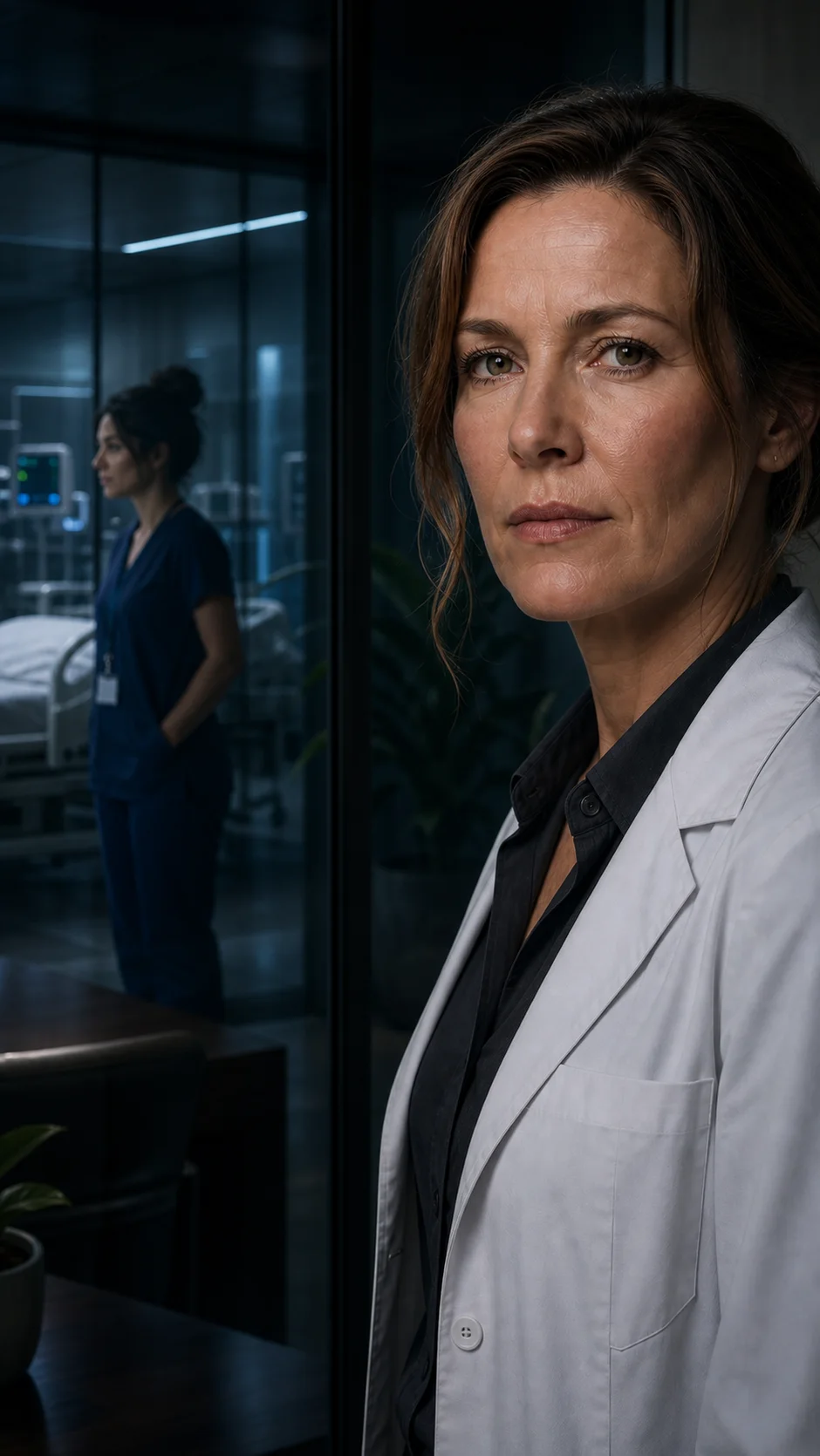Mara Voss watching through her office glass