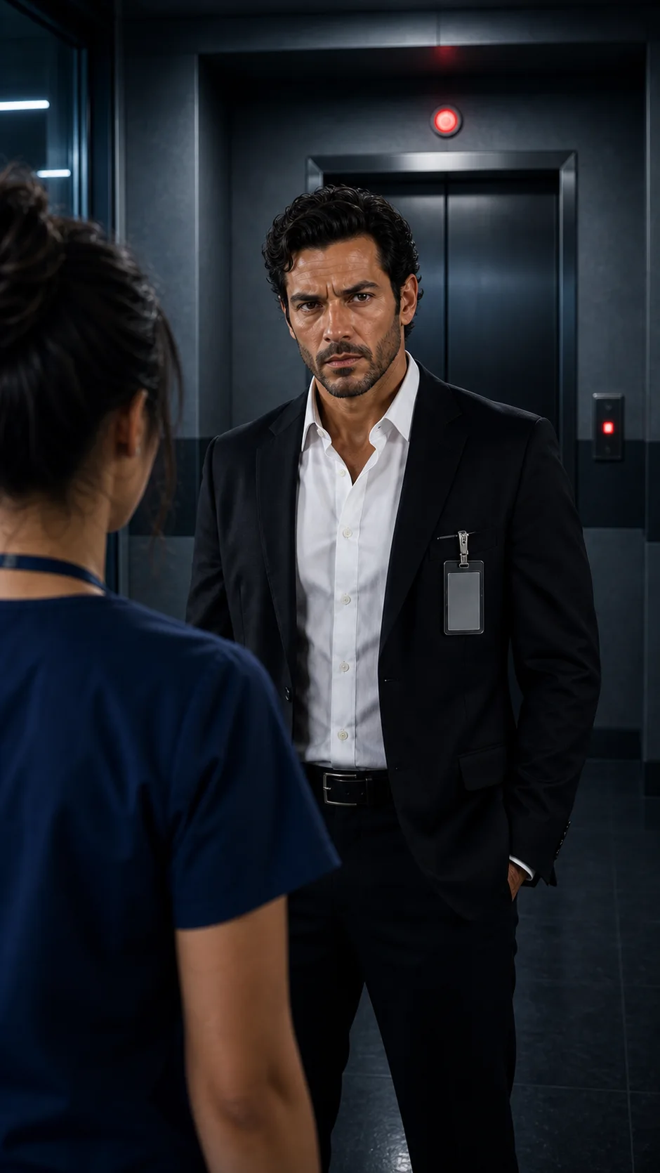 Soren Vale and Lena Cruz beside the hospital elevator